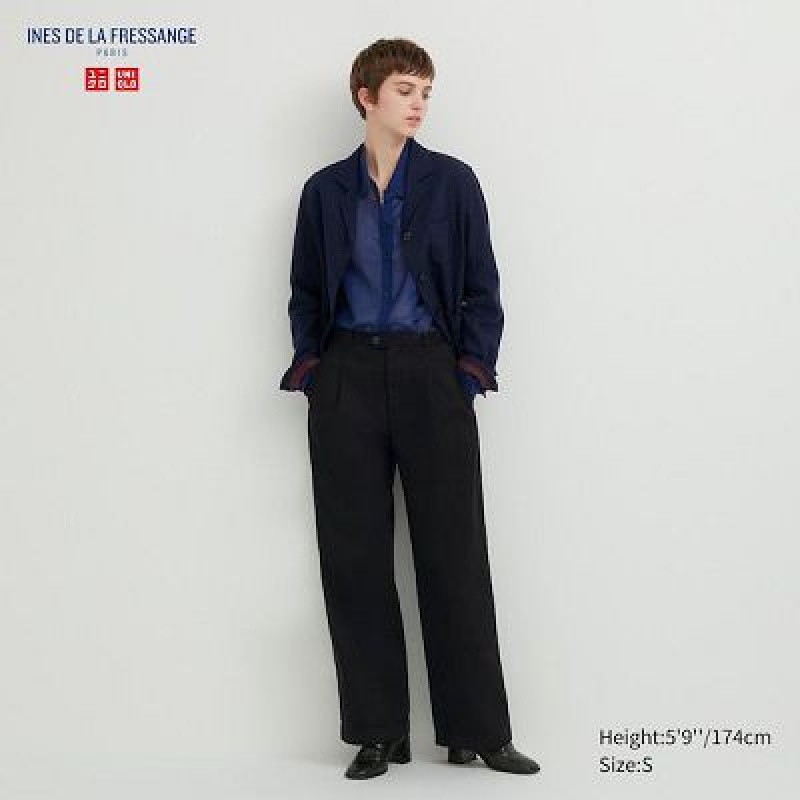 Black Uniqlo Denim Wide-Fit Pleated Women Pants | 7782380