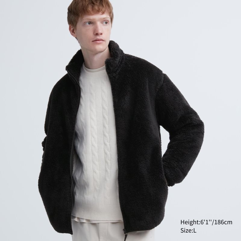 Black Uniqlo Fluffy Yarn Fleece Full-Zip Men Jackets | 7752445