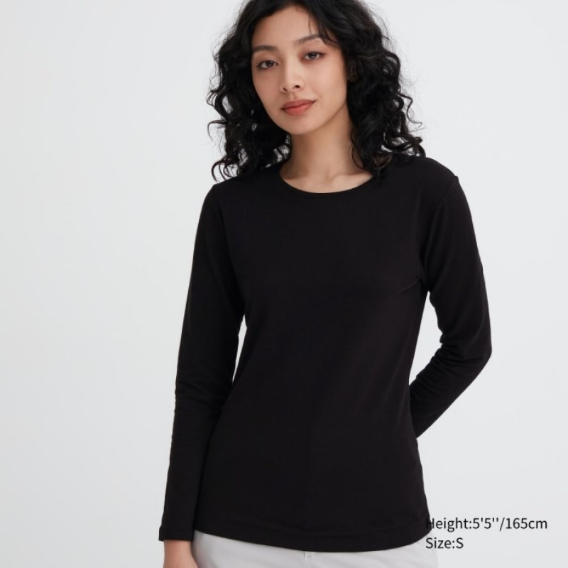 Black Uniqlo HEATTECH Cotton Crew Neck Long-Sleeve Women T Shirts | 8845523