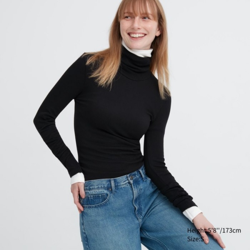 Black Uniqlo HEATTECH Extra Warm Seamless Ribbed Turtleneck Long-Sleeve Women T Shirts | 2250452