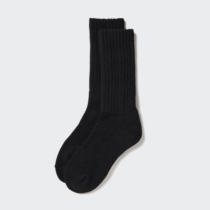Black Uniqlo HEATTECH Ribbed Pile-Lined Women Socks | 1080536
