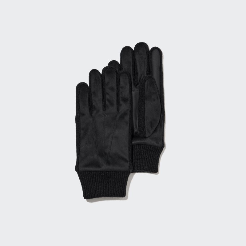 Black Uniqlo Heattech Lined Faux Suede Men Gloves | 6274892