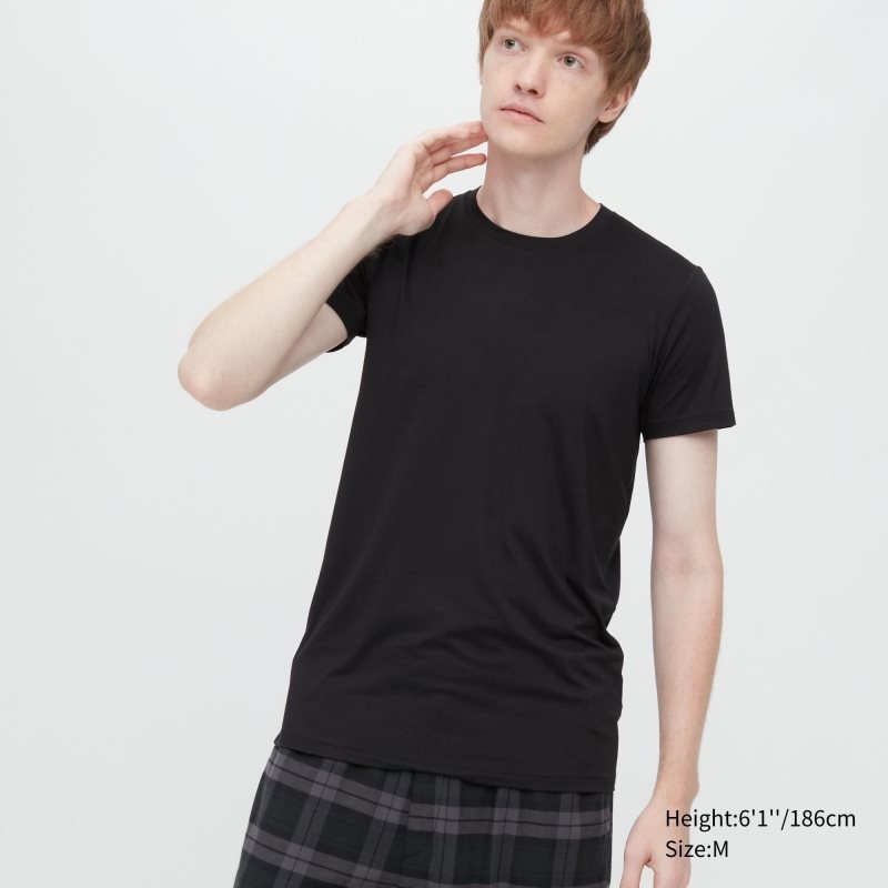 Black Uniqlo Heattech Short Sleeve Men T Shirts | 3705212