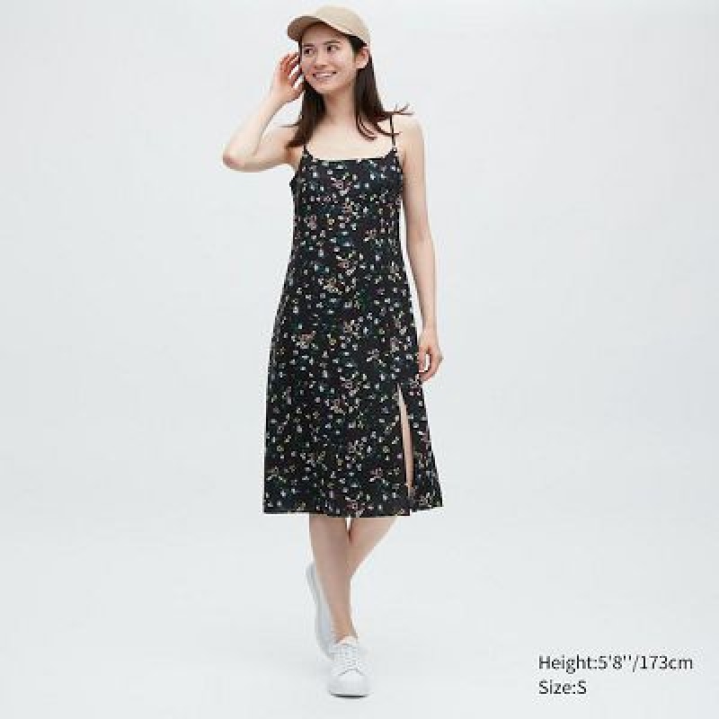 Black Uniqlo Printed Front Slit Camisole Women Dress | 2870779