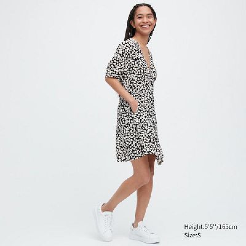 Black Uniqlo Printed V-Neck Short-Sleeve Mini Women Dress | 5155982