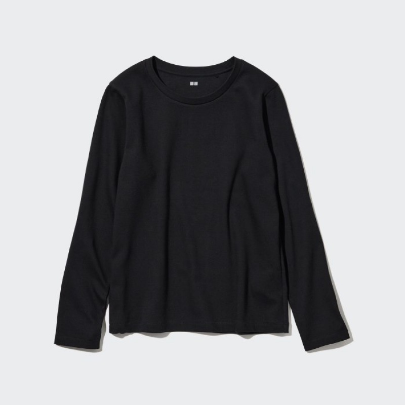 Black Uniqlo Smooth Stretch Cotton Crew Neck Long-Sleeve Women T Shirts | 8112759