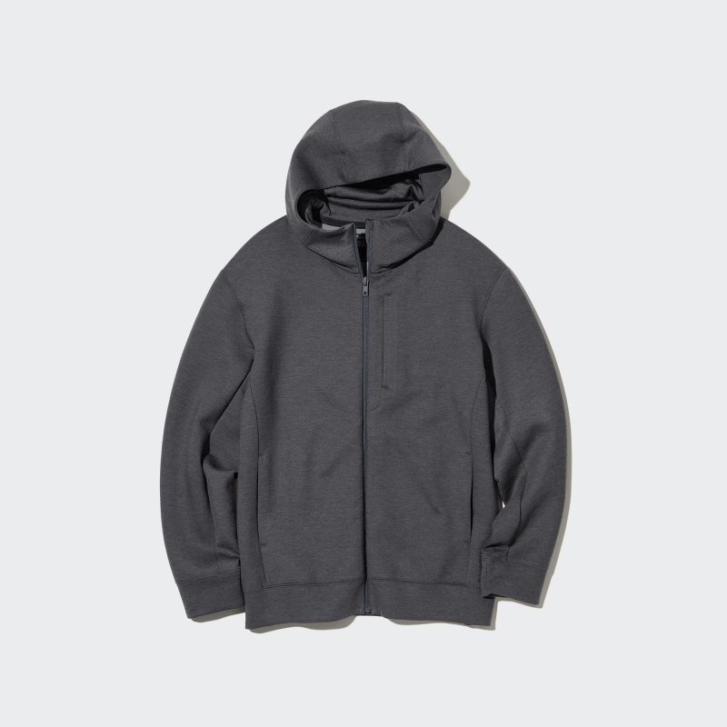 Black Uniqlo Stretch Dry Sweat Long-sleeve Full-zip Men Hoodie | 2298448
