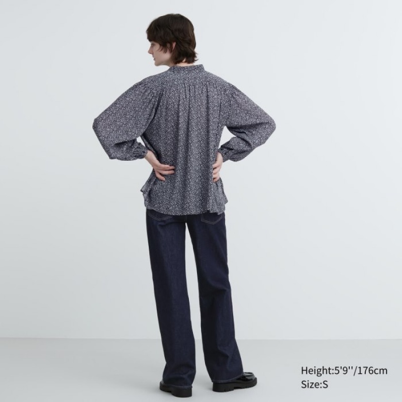 Black Uniqlo Volume Long-Sleeve Women Blouse | 1506338