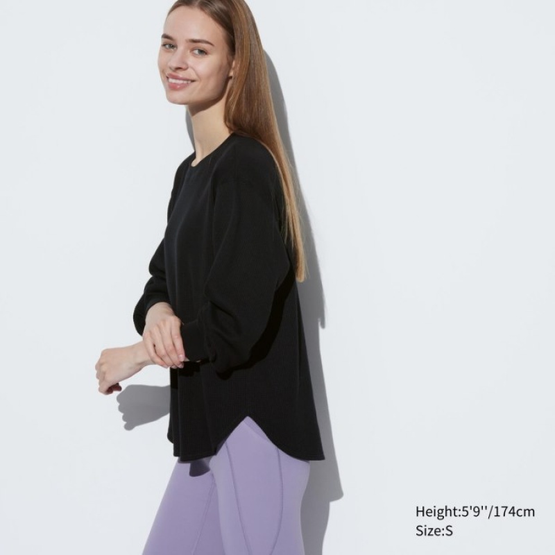 Black Uniqlo Waffle Crew Neck Long-Sleeve Women T Shirts | 1320265