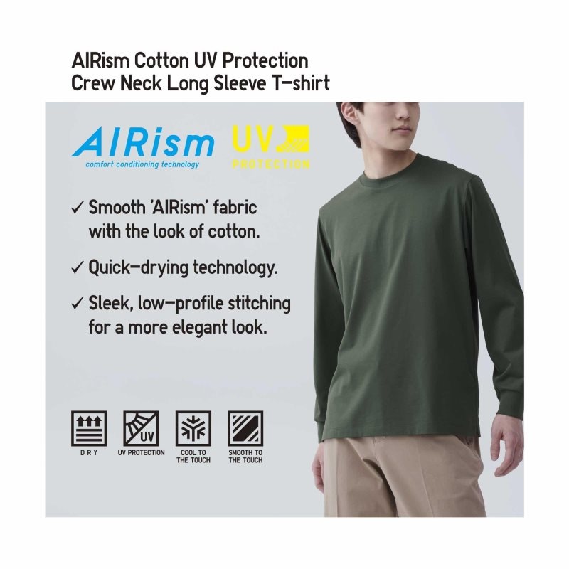 Blue Uniqlo Airism Cotton Uv Protection Crew Neck Long-sleeve Men T Shirts | 2910080