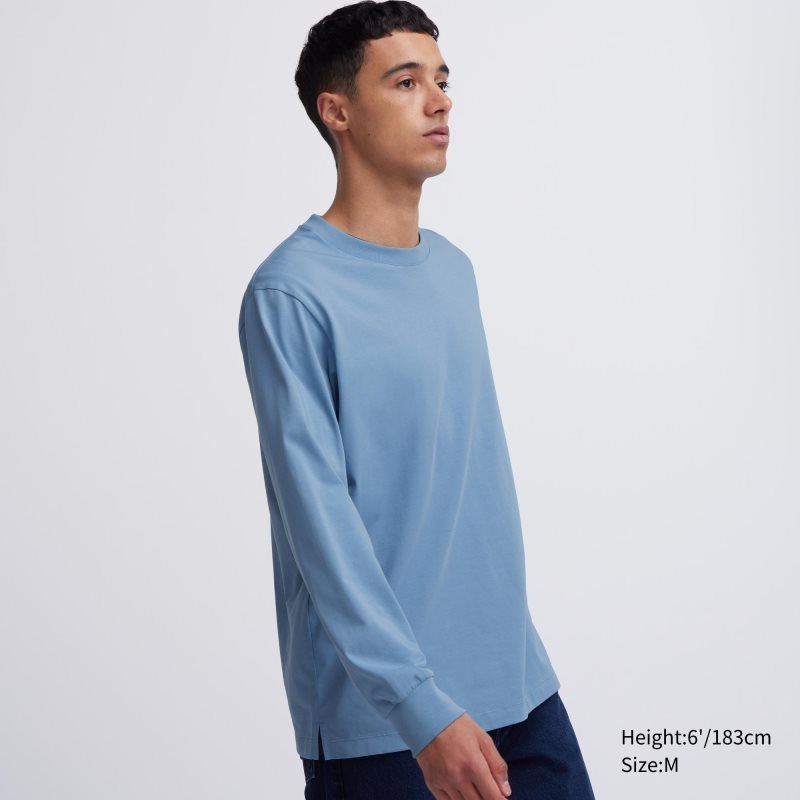 Blue Uniqlo Airism Cotton Uv Protection Crew Neck Long-sleeve Men T Shirts | 2910080