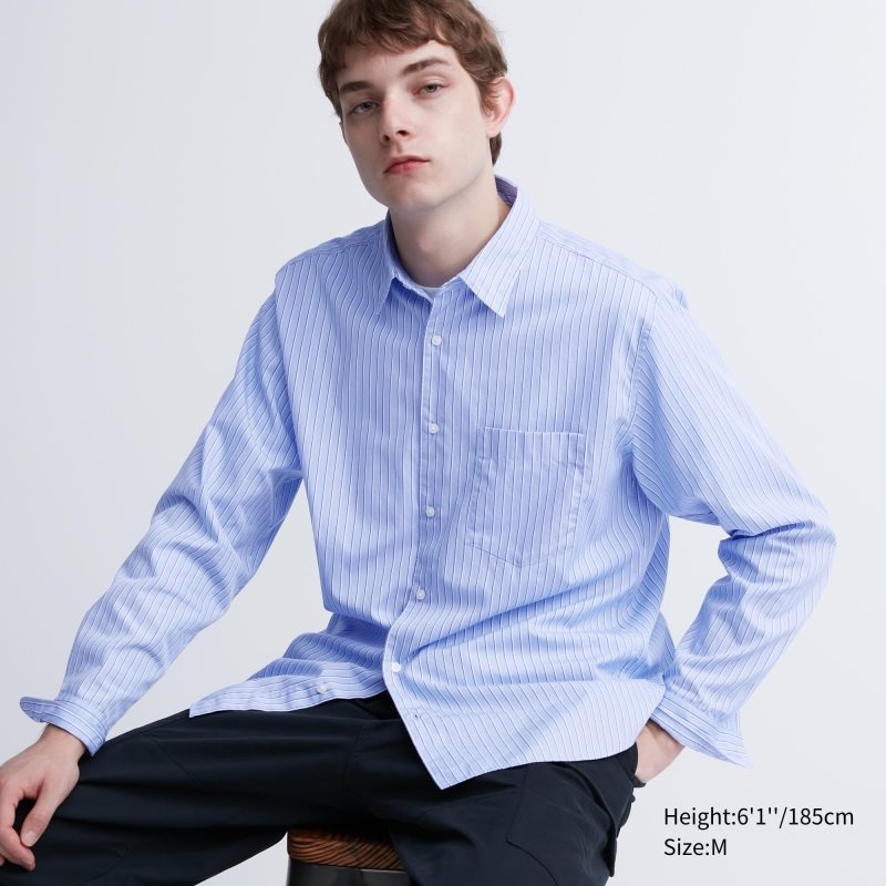 Blue Uniqlo Extra Fine Cotton Broadcloth Striped Long-sleeve Men Shirts | 5781818