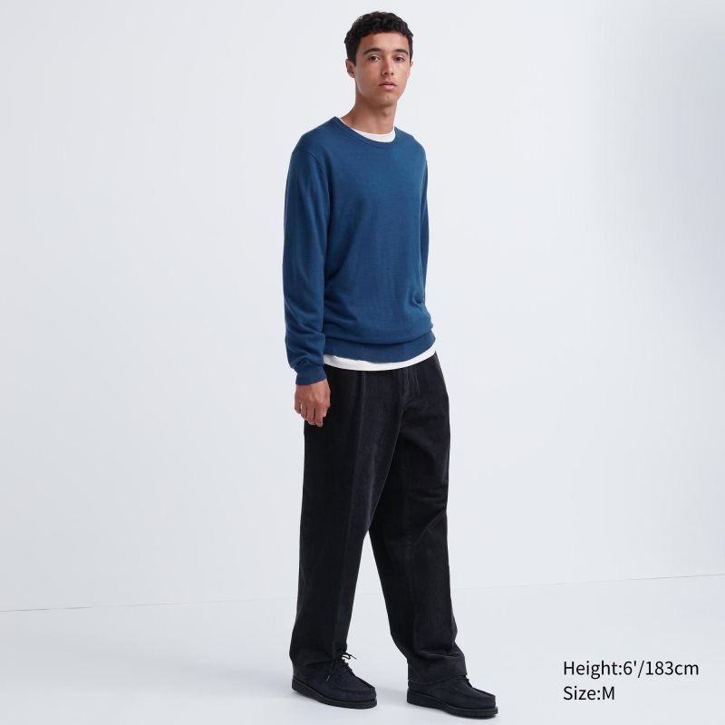 Blue Uniqlo Extra Fine Merino Crew Neck Men Sweaters | 5831123