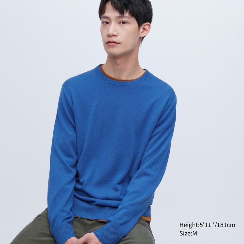 Blue Uniqlo Extra Fine Merino Crew Neck Men Sweaters | 5831123