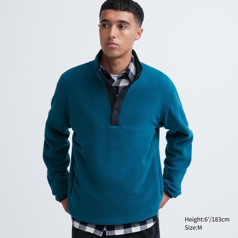 Blue Uniqlo Fleece Button Up Long Sleeve Pullover Men Hoodie | 5036477