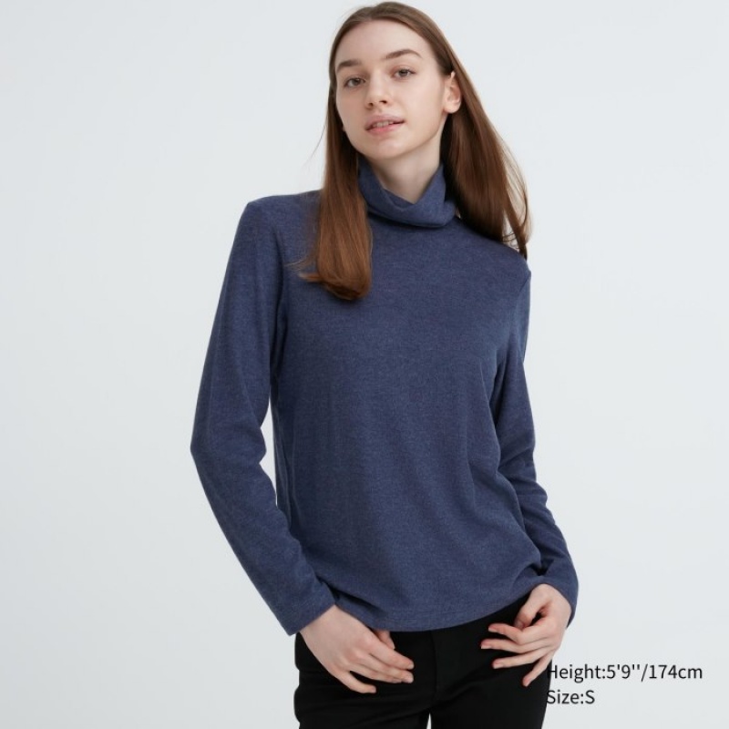 Blue Uniqlo HEATTECH Fleece Turtleneck Long-Sleeve Women T Shirts | 8247875
