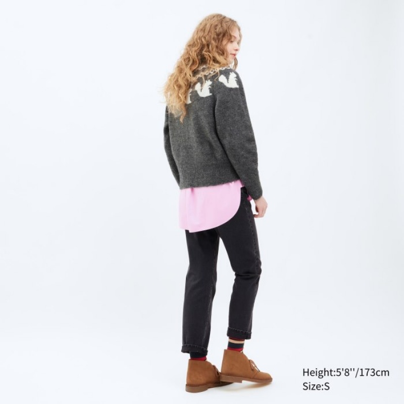 Blue Uniqlo Jacquard Crew Neck Long-Sleeve Women Sweaters | 6532986