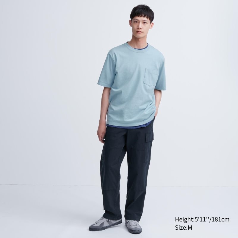 Blue Uniqlo Oversized Pocket Crew Neck Half-sleeve Men T Shirts | 9504070