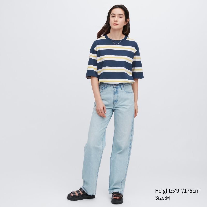 Blue Uniqlo Oversized Striped Half-sleeve Men T Shirts | 7876165