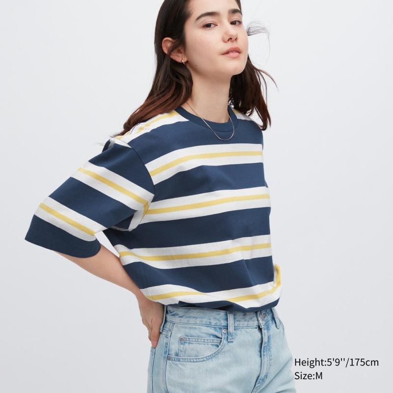 Blue Uniqlo Oversized Striped Half-sleeve Men T Shirts | 7876165