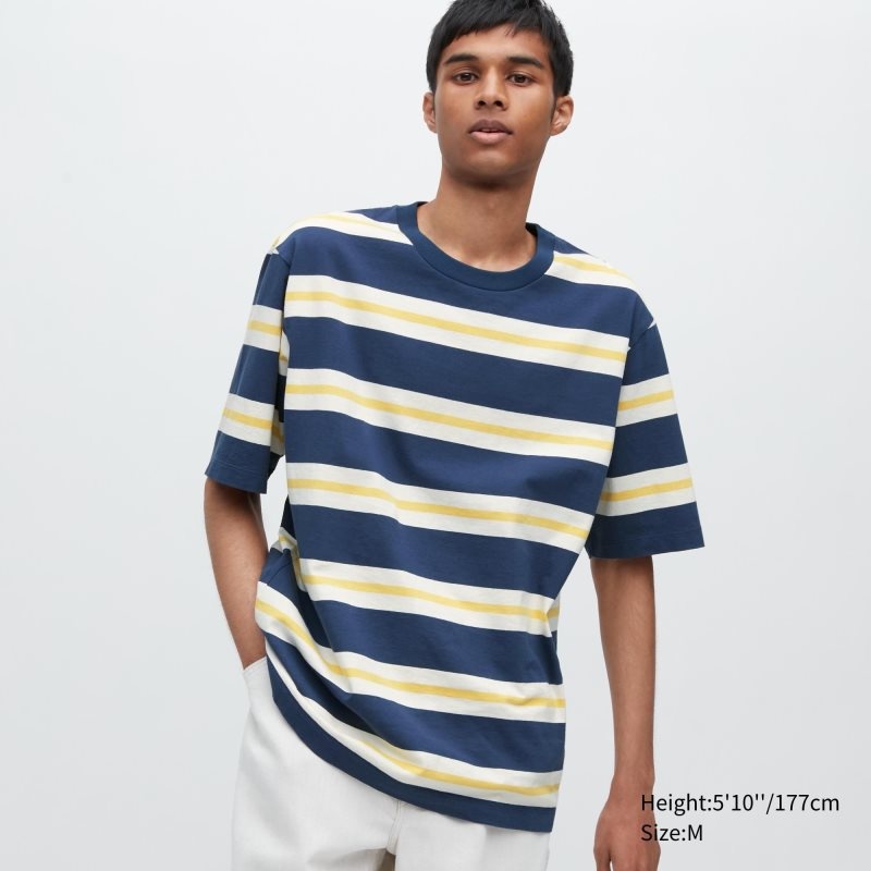 Blue Uniqlo Oversized Striped Half-sleeve Men T Shirts | 7876165