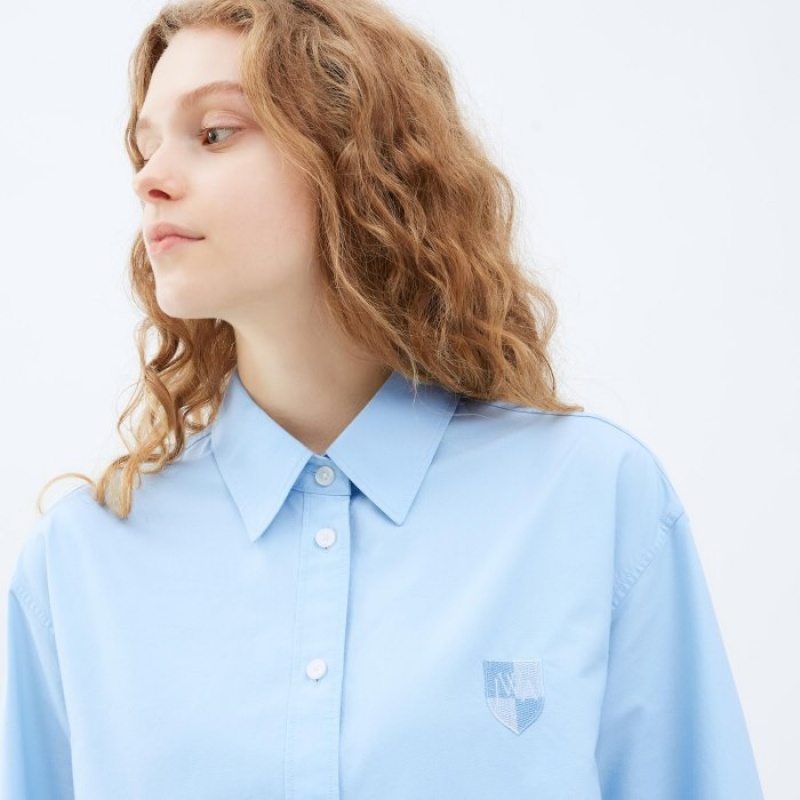 Blue Uniqlo Oxford Long-Sleeve Long Women Shirts | 1634796