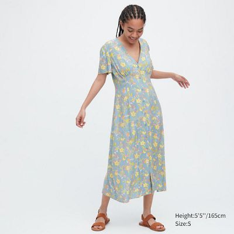 Blue Uniqlo Printed V-Neck Short-Sleeve Flare Women Dress | 8556290