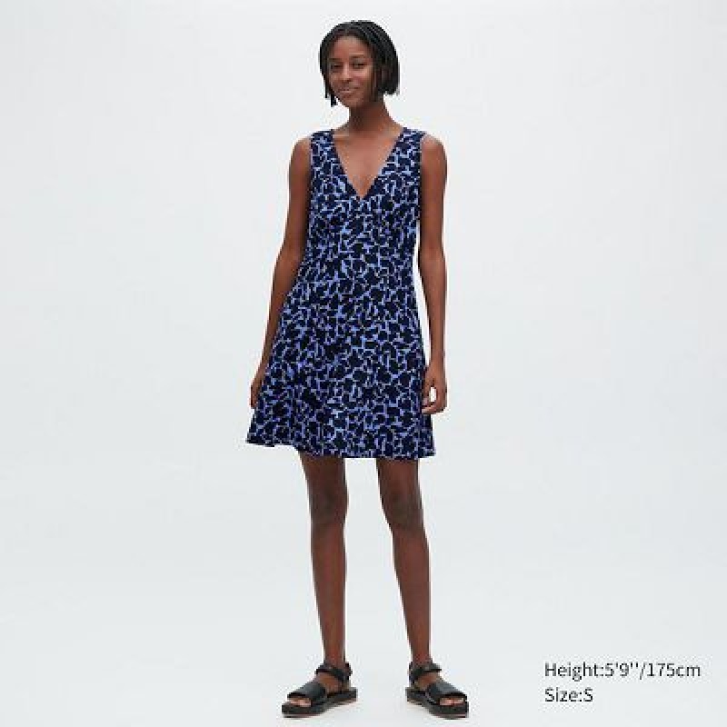 Blue Uniqlo Printed V-Neck Sleeveless Mini Women Dress | 3804835