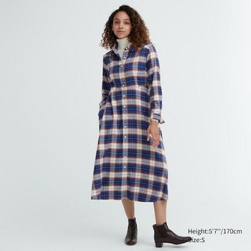 Blue Uniqlo Soft Brushed Checked Long-Sleeve Women Dress | 2733552
