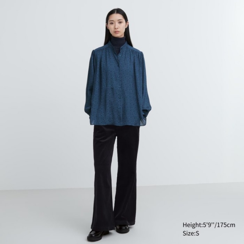 Blue Uniqlo Volume Long-Sleeve Women Blouse | 1310138