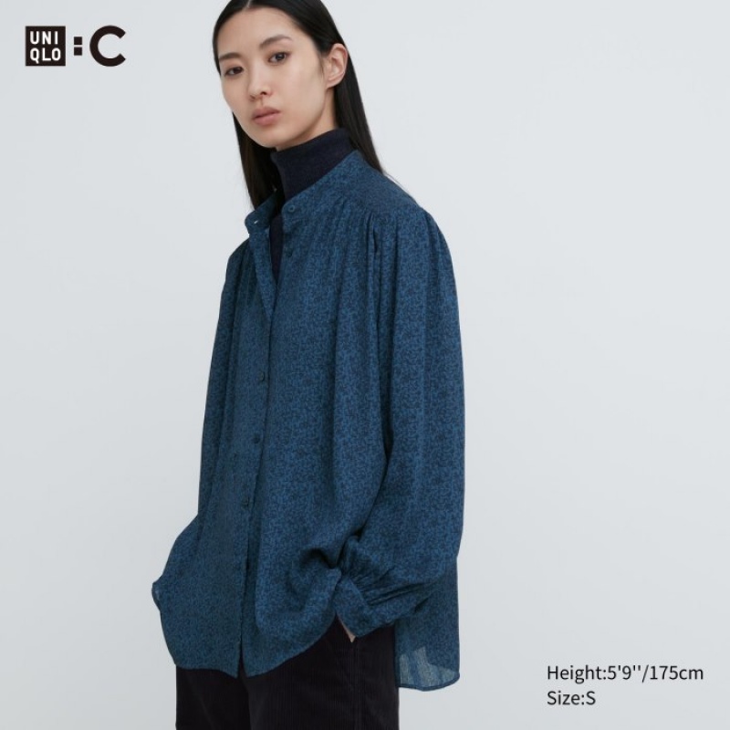 Blue Uniqlo Volume Long-Sleeve Women Blouse | 1310138