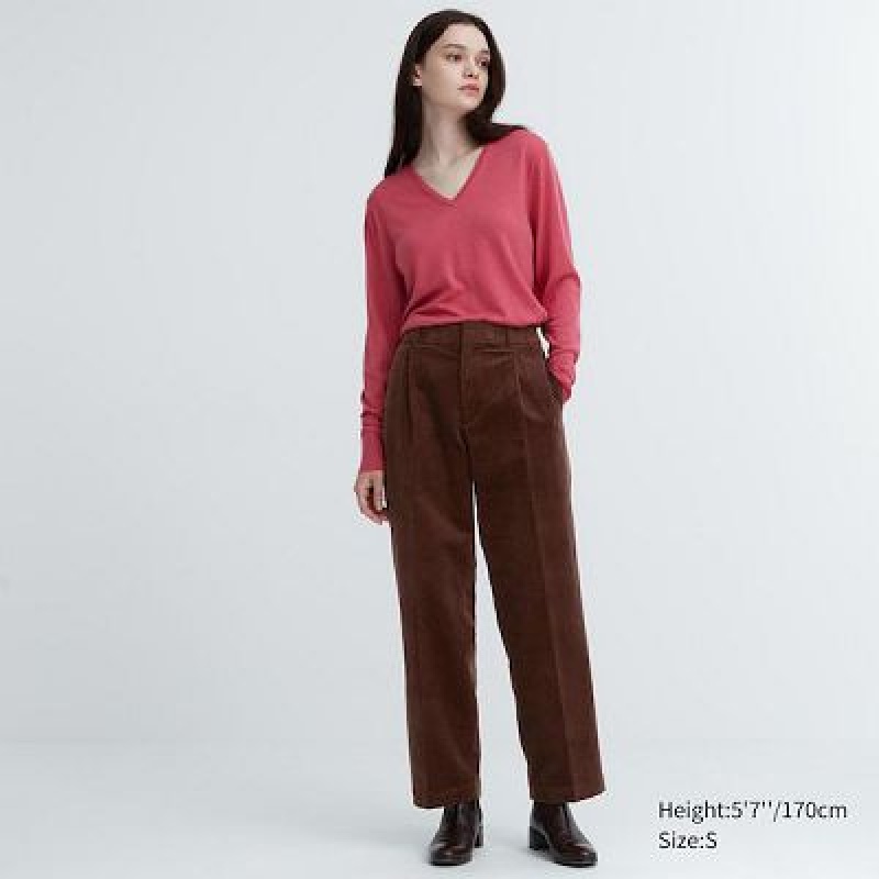 Brown Uniqlo Corduroy Wide-Fit Pleated Women Pants | 4683530