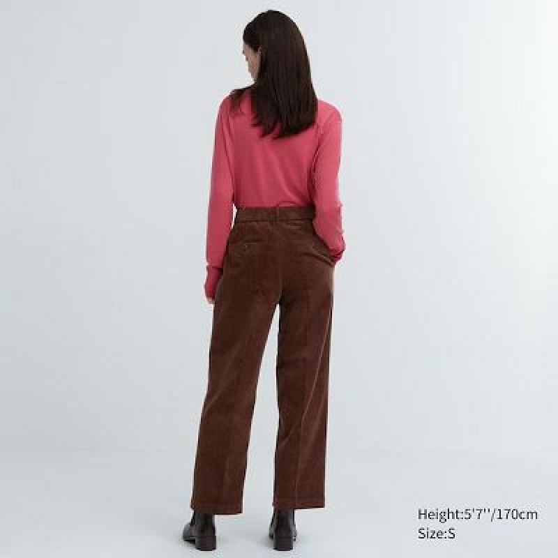 Brown Uniqlo Corduroy Wide-Fit Pleated Women Pants | 4683530