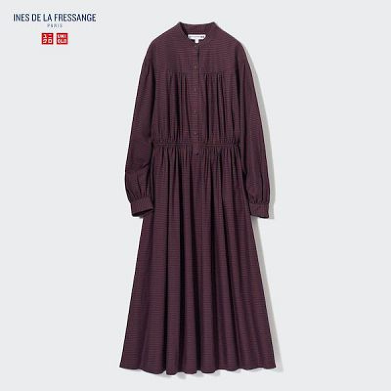 Brown Uniqlo Cotton Twill Checked Volume Sleeve Long Women Dress | 1863897