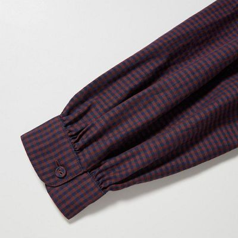 Brown Uniqlo Cotton Twill Checked Volume Sleeve Long Women Dress | 1863897