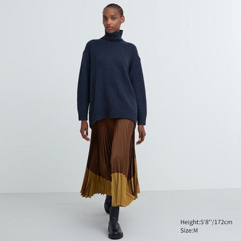 Brown Uniqlo Pleated Color Block Women Skirts | 9987115