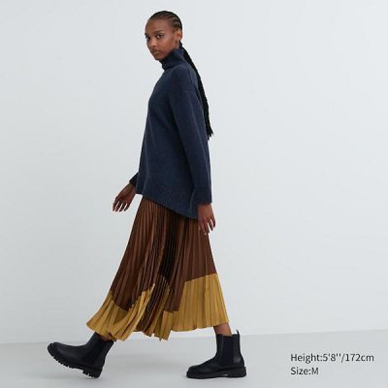 Brown Uniqlo Pleated Color Block Women Skirts | 9987115