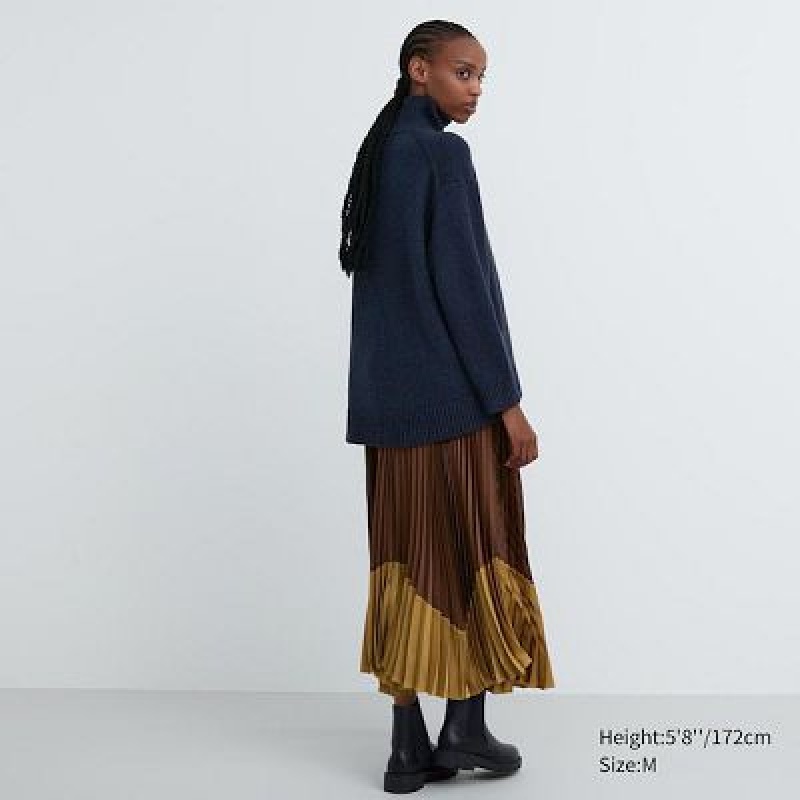 Brown Uniqlo Pleated Color Block Women Skirts | 9987115