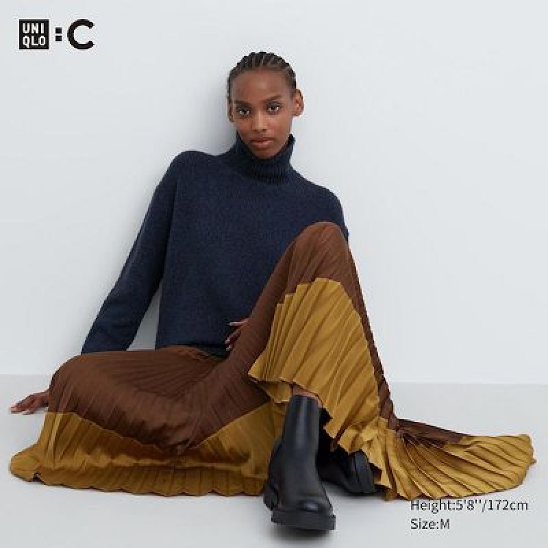 Brown Uniqlo Pleated Color Block Women Skirts | 9987115