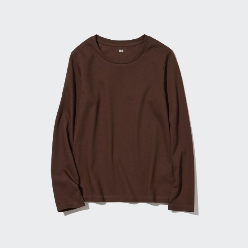 Brown Uniqlo Smooth Stretch Cotton Crew Neck Long-Sleeve Women T Shirts | 6989211