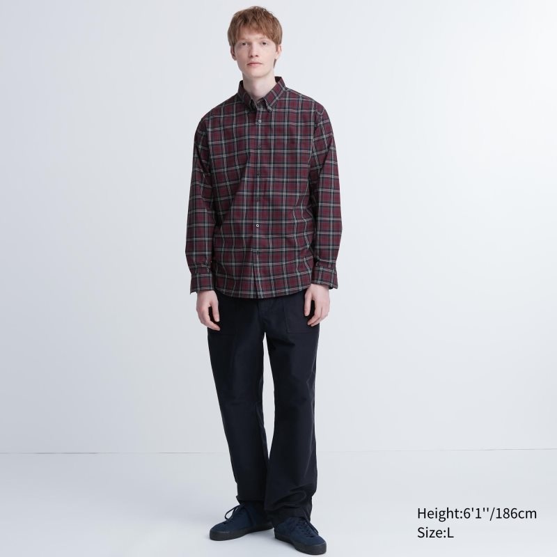 Burgundy Uniqlo Extra Fine Cotton Broadcloth Checked Long-sleeve Men Shirts | 9310063