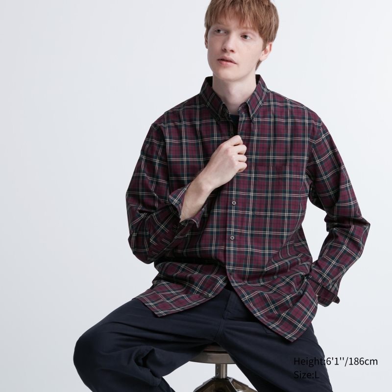 Burgundy Uniqlo Extra Fine Cotton Broadcloth Checked Long-sleeve Men Shirts | 9310063