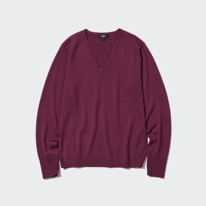 Burgundy Uniqlo Extra Fine Merino V-Neck Long-Sleeve Women Sweaters | 3123393
