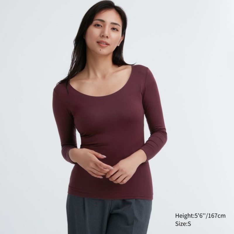 Burgundy Uniqlo HEATTECH Scoop Neck Long-Sleeve Women T Shirts | 191688
