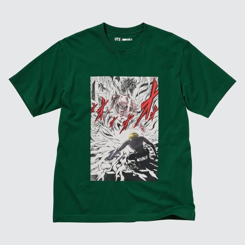 Green Uniqlo Attack On Titan Ut Short-sleeve Graphic Eren Transforms Into A Titan Men T Shirts | 4756713