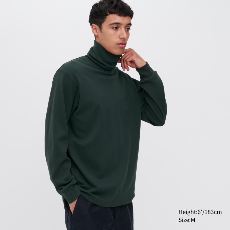 Green Uniqlo Brushed Cotton Turtleneck Long-sleeve Men T Shirts | 9065694