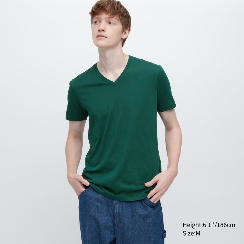 Green Uniqlo Dry Color V-Neck Short-Sleeve Men T Shirts | 510389
