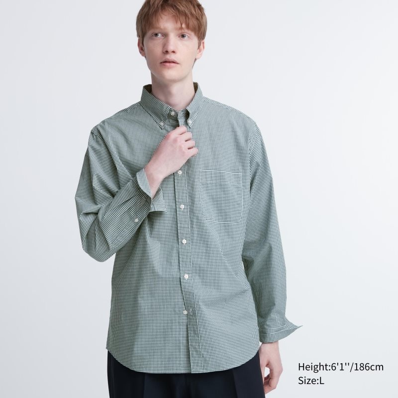 Green Uniqlo Extra Fine Cotton Broadcloth Checked Long-sleeve Men Shirts | 8833584