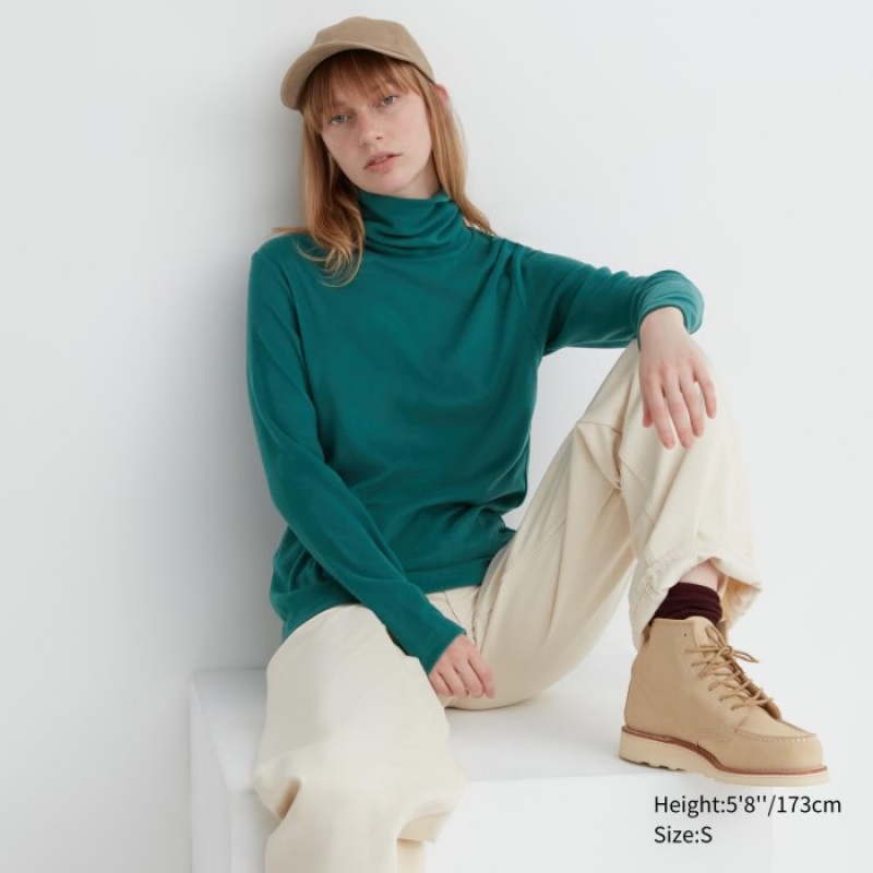 Green Uniqlo HEATTECH Fleece Turtleneck Long-Sleeve Women T Shirts | 3112889