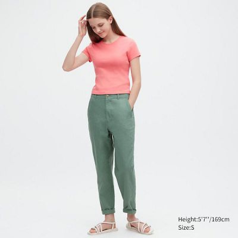 Green Uniqlo Linen Cotton Tapered Women Pants | 7339707